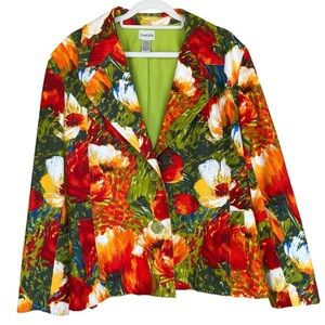 Chico’s Bright Loud Floral Blazer Jacket Pink Green Women’s Size XL Chico’s Sz 3